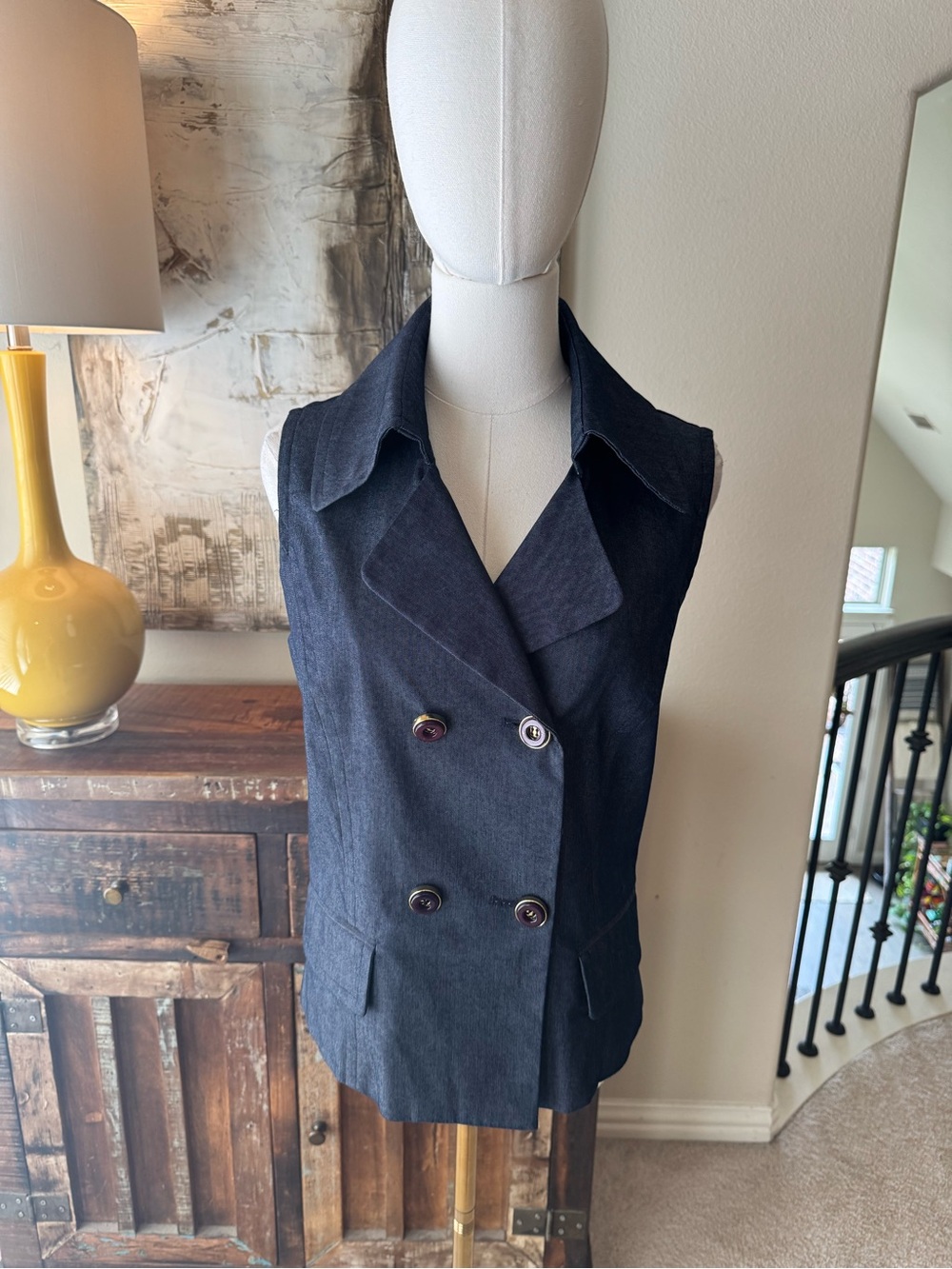 NY&Co Sleeveless Double-Breasted Navy Denim Vest Jacket- size 12